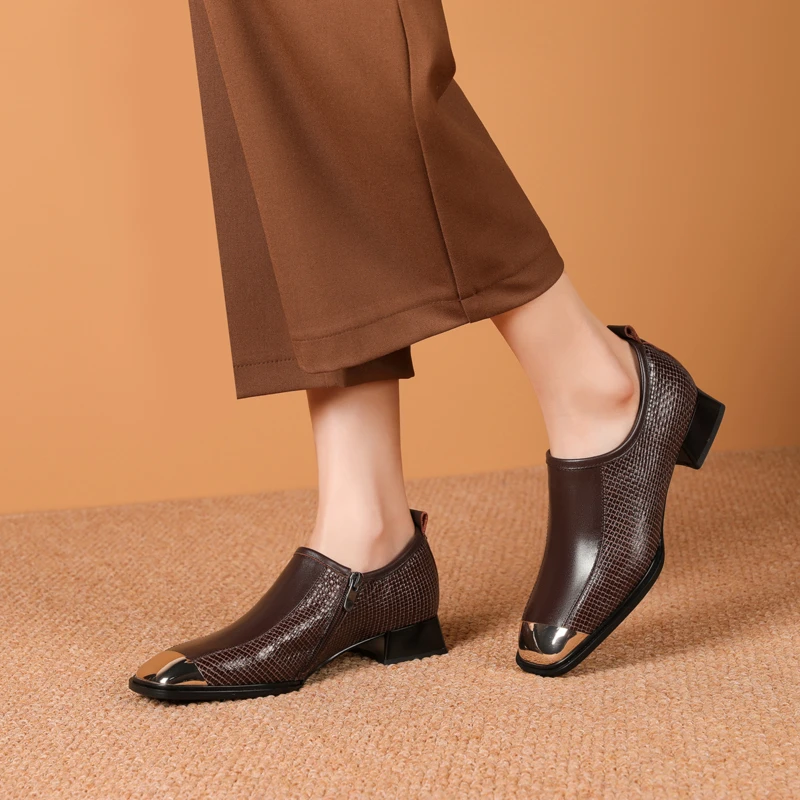 1393-1新款低跟单鞋女鞋百搭方跟中跟真皮及踝鞋子方头女鞋