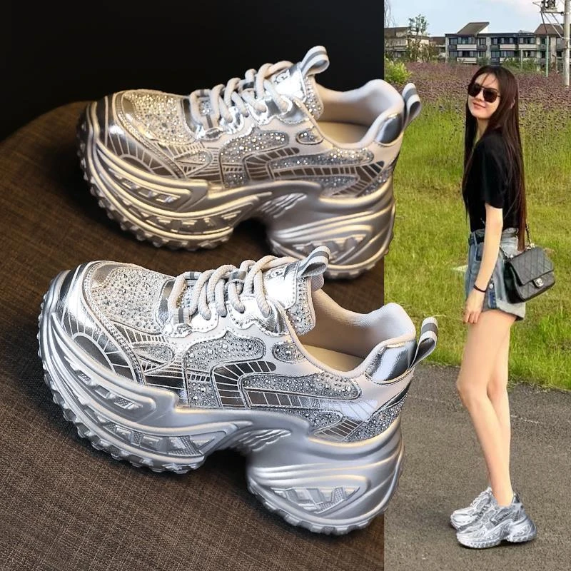 内增高银色老爹鞋女2025春季新款正品百搭爆鞋子女ins潮牌百搭鞋