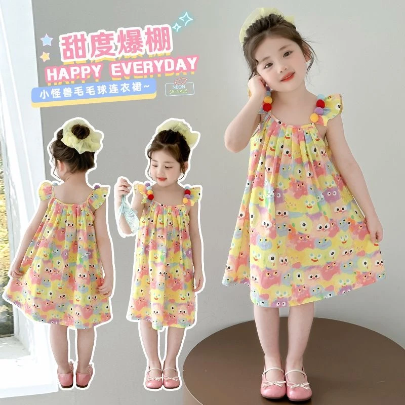 纯色韩版洋气无袖女童裙子童装连衣裙2025新款儿童小怪兽连衣裙