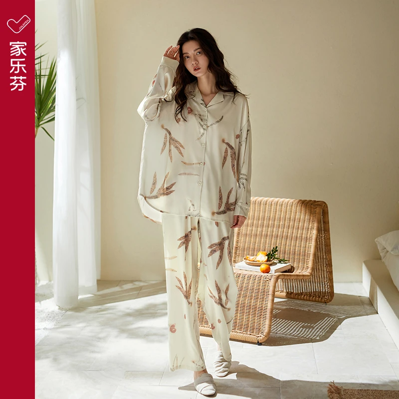 家乐芬睡衣女士春秋款薄款冰丝长袖家居服新中式大码仿真丝套装