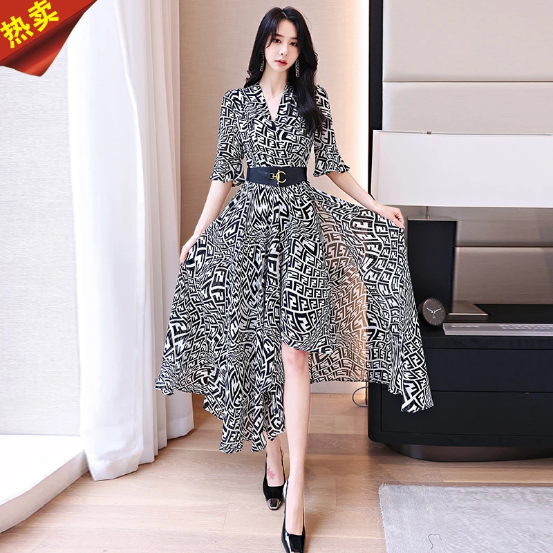 哥弟阿玛施正品夏季复古印花V领连衣裙女神高级感拼接不规则裙子