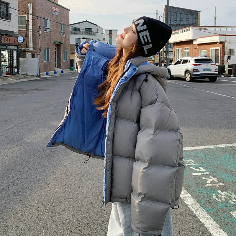 灰色韩版连帽羽绒服女冬季2025新款小个子超好看保暖白鸭绒面包服