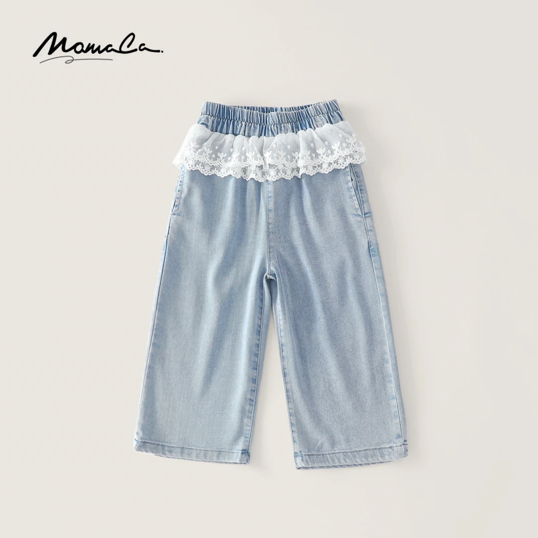 MOMOCO一秒入夏女童新款百搭休闲蕾丝边牛仔九分裤77620368001