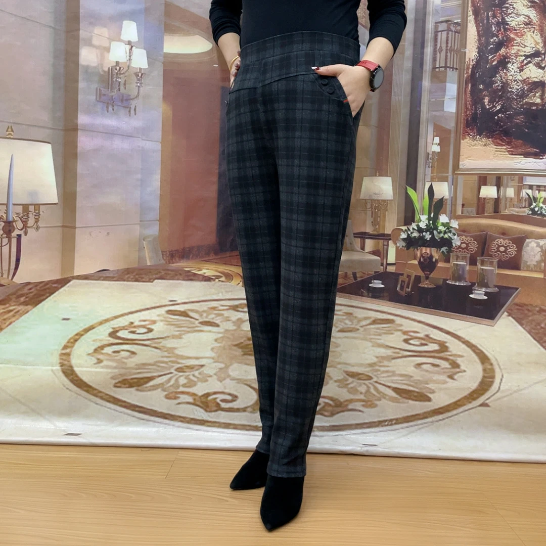 春季新款女士休闲裤高腰高弹力加肥加大黑色 竖条 格子休闲裤