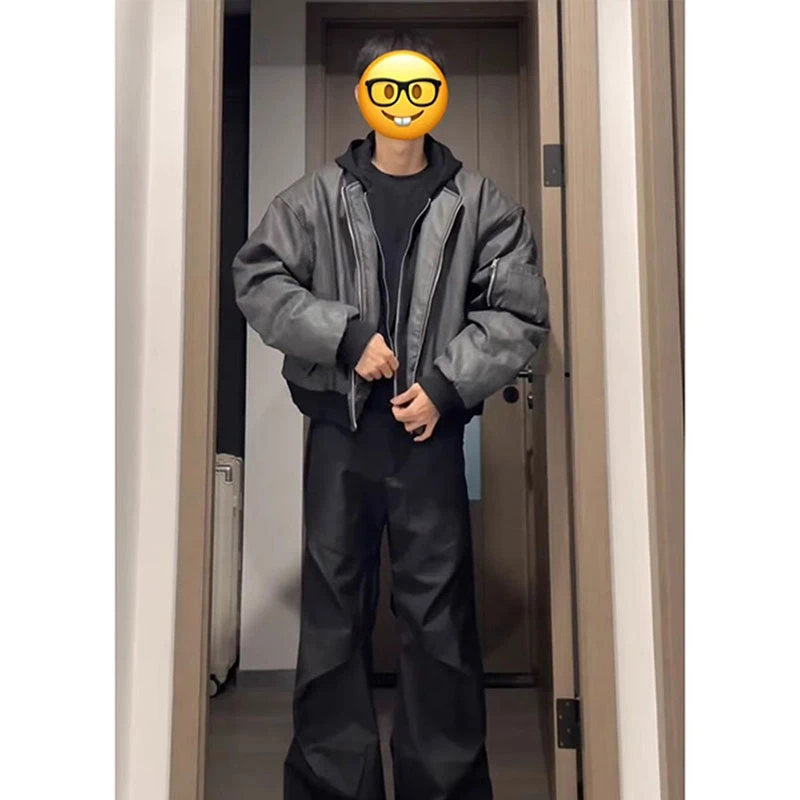 美式bomber假两件短款工装夹克棉服男秋冬款潮牌痞帅保暖连帽外套