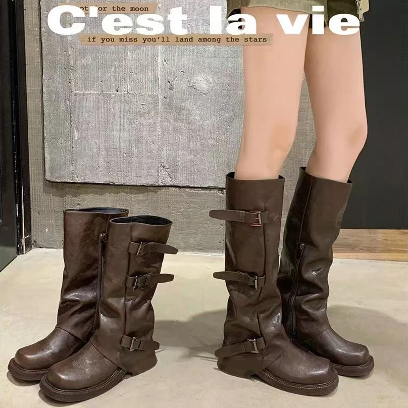 【葡萄家】腿精担当！增高6/8cm皮带扣方圆头褶皱中筒骑士靴女鞋新款
