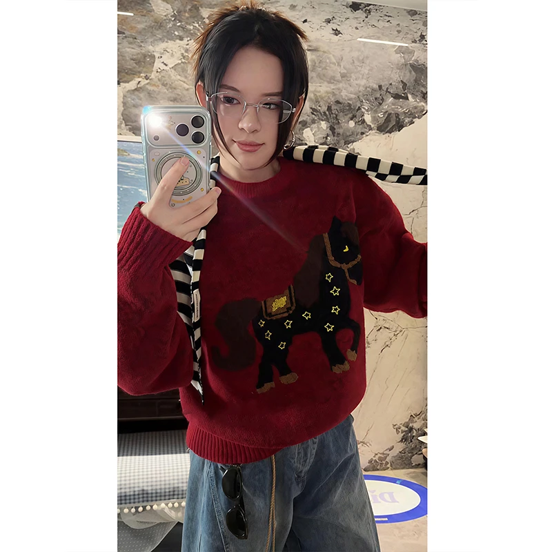 本命年马年红色毛衣男女款冬季情侣针织衫圣诞穿搭喜庆圆领打底衫