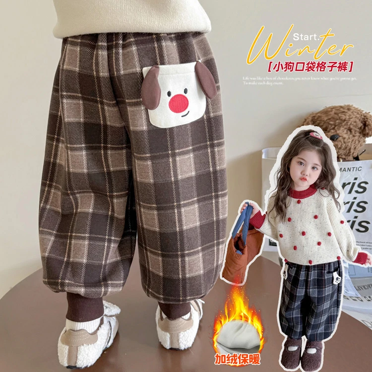 女童加绒格子裤洋气儿童秋冬装女宝宝加厚一体绒休闲裤子小女孩潮