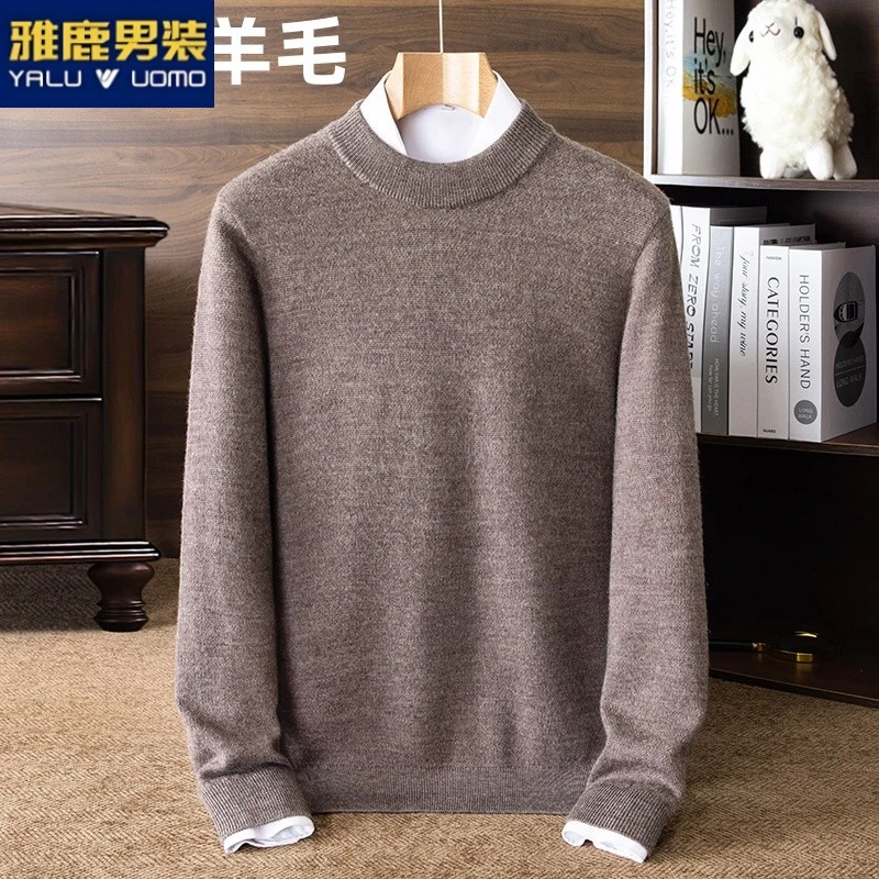 雅鹿男装100%精纺纯羊毛衫男秋冬季新款半高领毛衣男士加厚保暖针