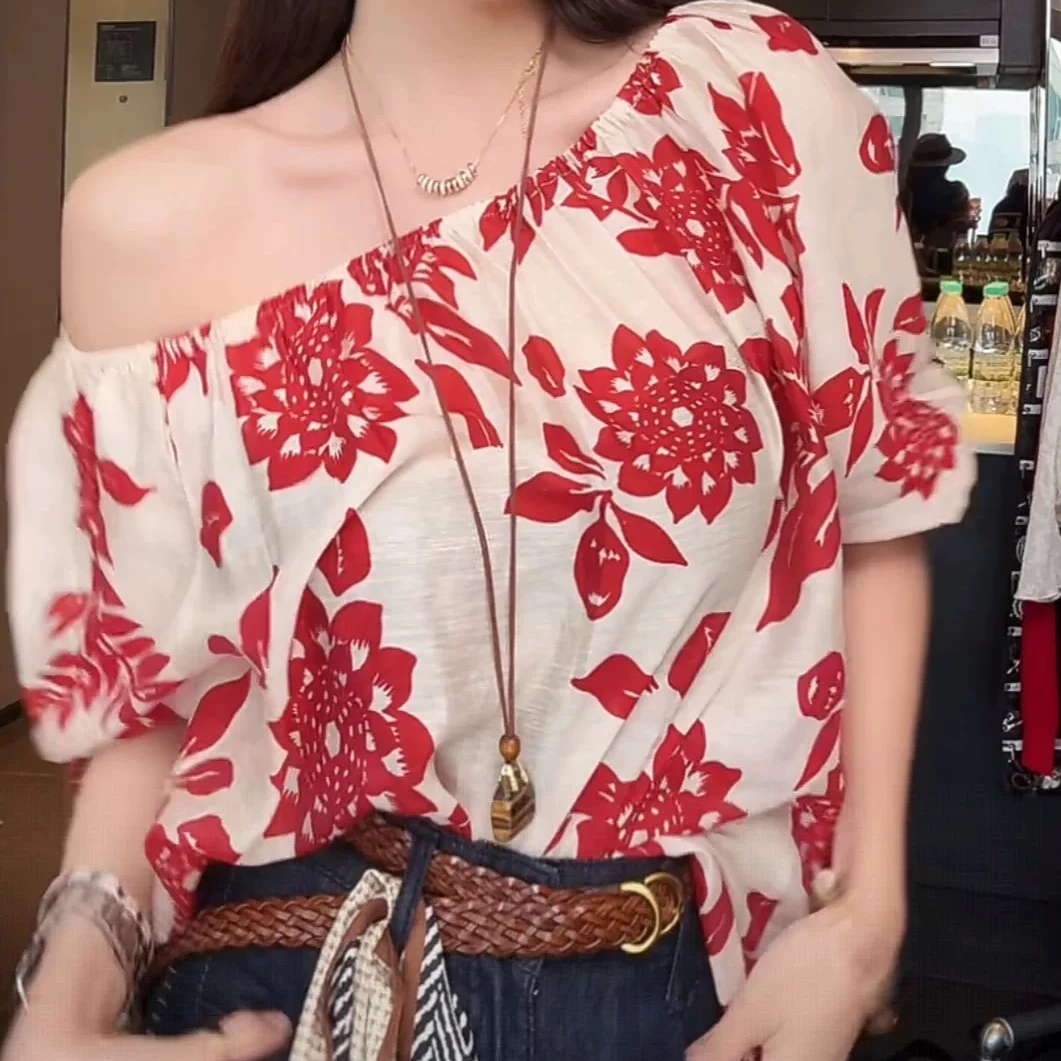 2025新款漂亮小衫夏季宽松高级感印花衬衫气质微胖法式独特小上衣