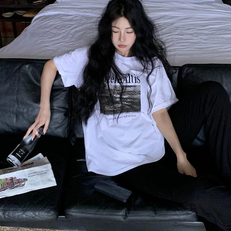 白色短袖t恤女2025新款夏季宽松大版遮肚子小众高端欧货美式上衣