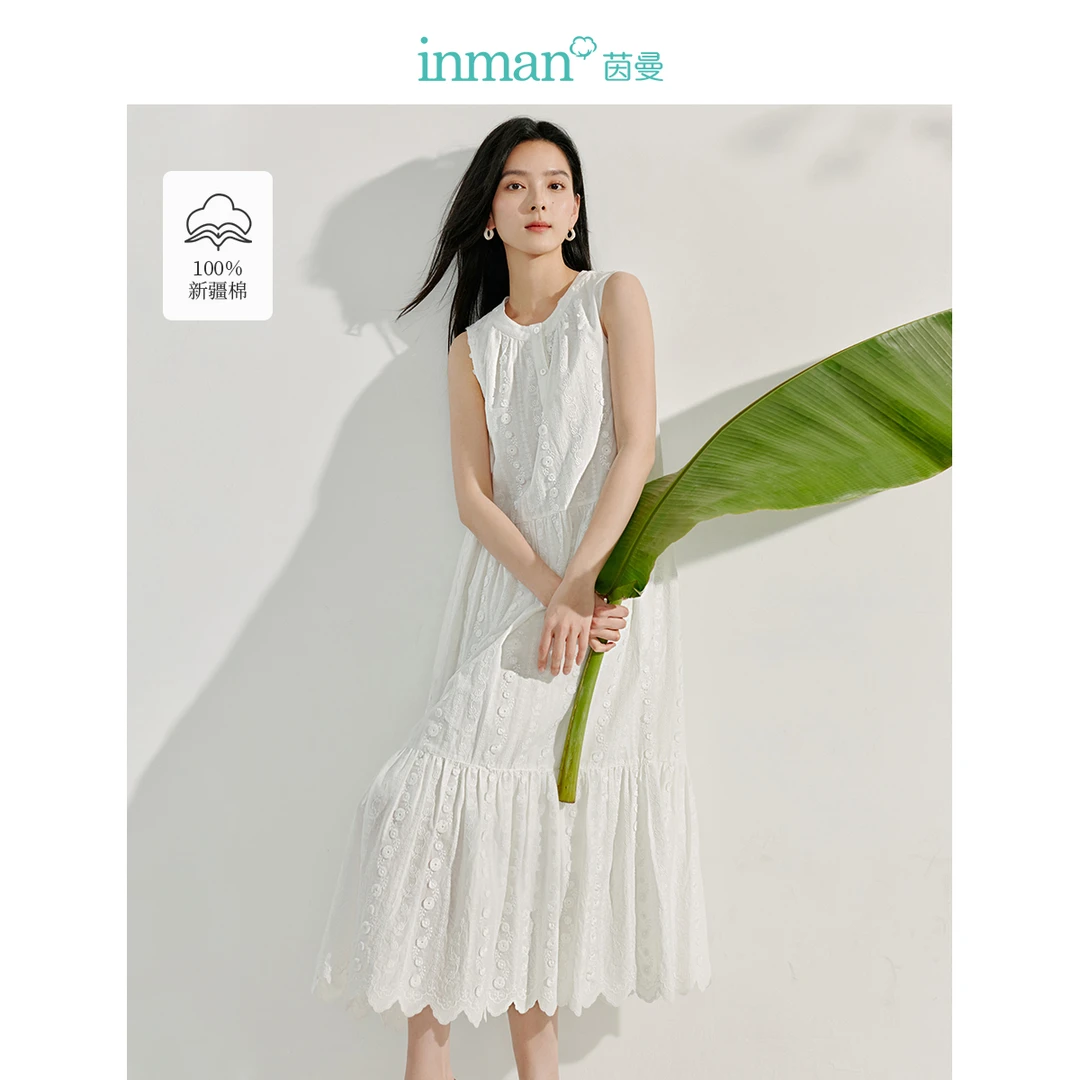 【欧若风新品】茵曼夏季海边度假风刺绣连衣裙女宽松无袖显瘦背心裙