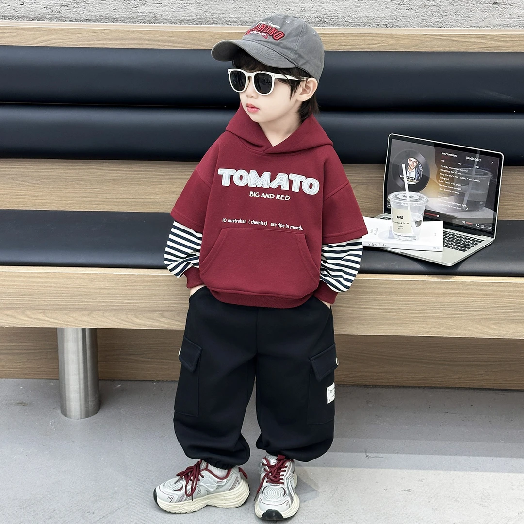 男童字母印花连帽卫衣2024新款中小童韩版男孩帅气打底衫秋季套装