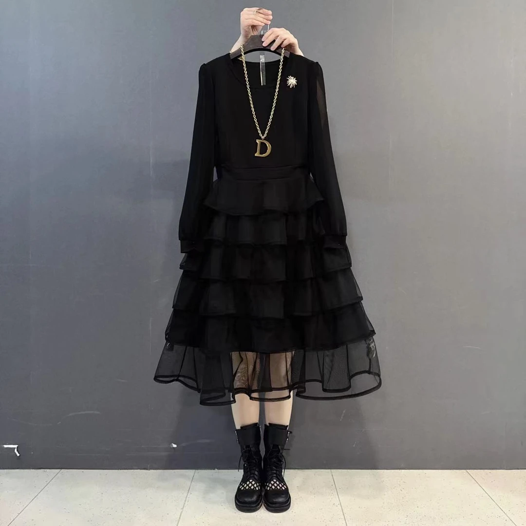 胖ｍｍ女装圆领背后蝴蝶结设计连衣裙拼接中长款洋气蛋糕裙