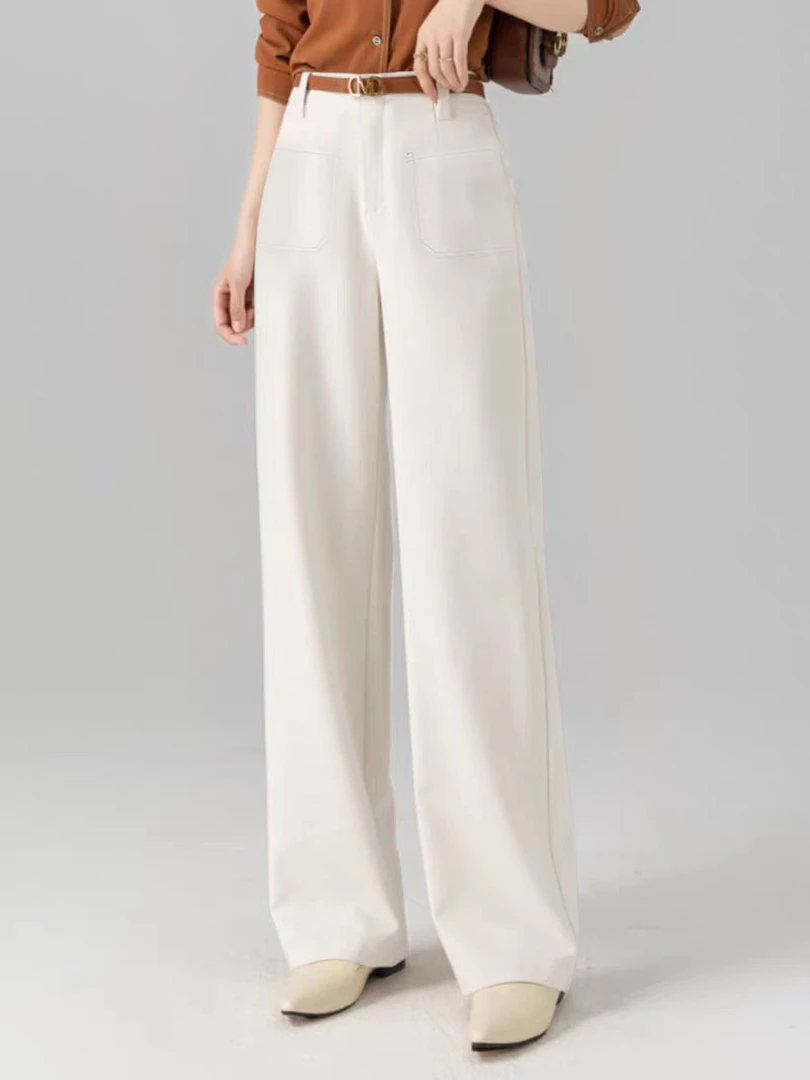 6815米白色加绒三防裤女秋冬季2024新款高腰今年流行小个子直筒裤