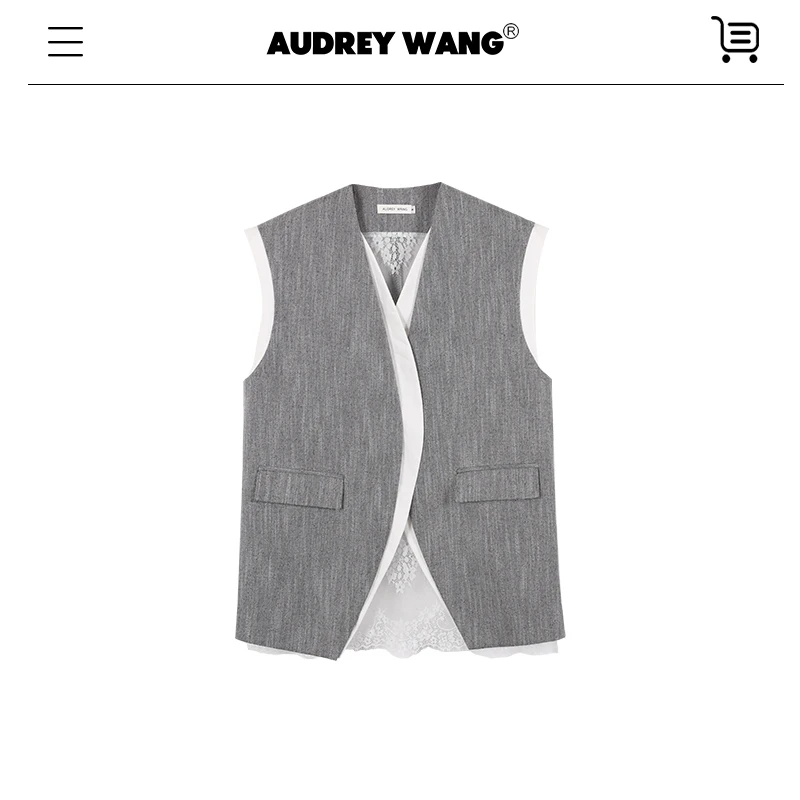 AUDREYWANG灰系智性设计感叠穿假两件拼接蕾丝西装12020