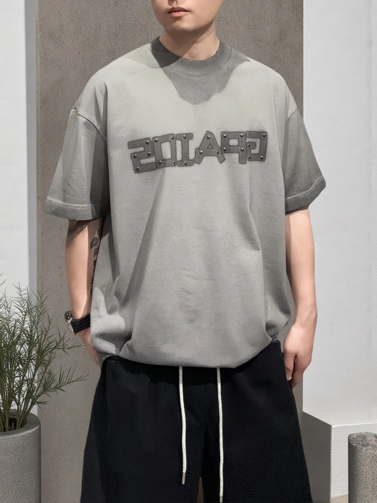 夏季新款钉珠字母宽松短袖男重磅T恤水洗百搭时尚圆领套头简约