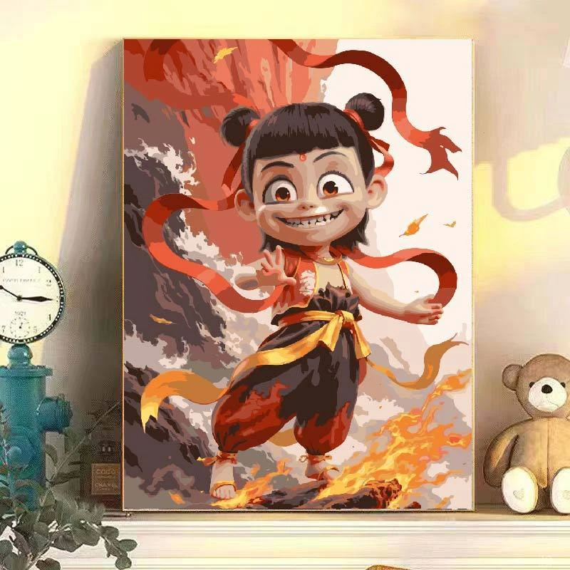 水墨哪吒diy数字油画填充填色儿童丙烯画减压解闷手工客厅装饰画