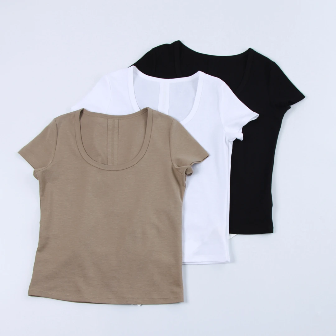 女童亲子款高弹新疆棉短袖多色大U领百搭T恤纯棉不变形汤勺领