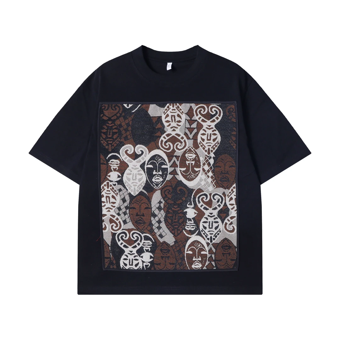 夏季高级感新款国风撞色刺绣圆领短袖T恤百搭潮流宽松复古上衣