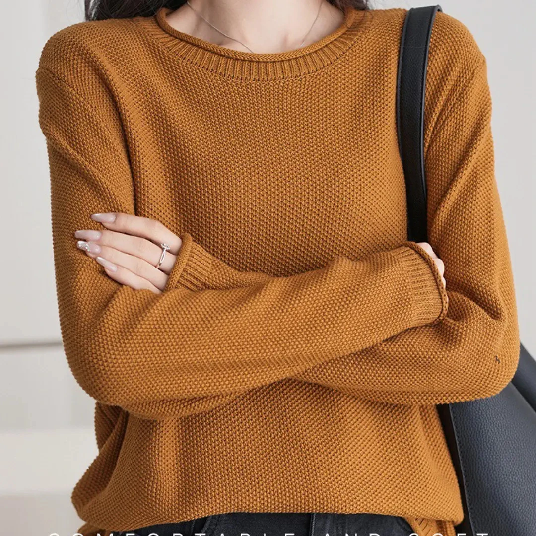 100%纯棉针织衫亲肤毛衣女新款宽松百搭打底衫套头长袖外搭