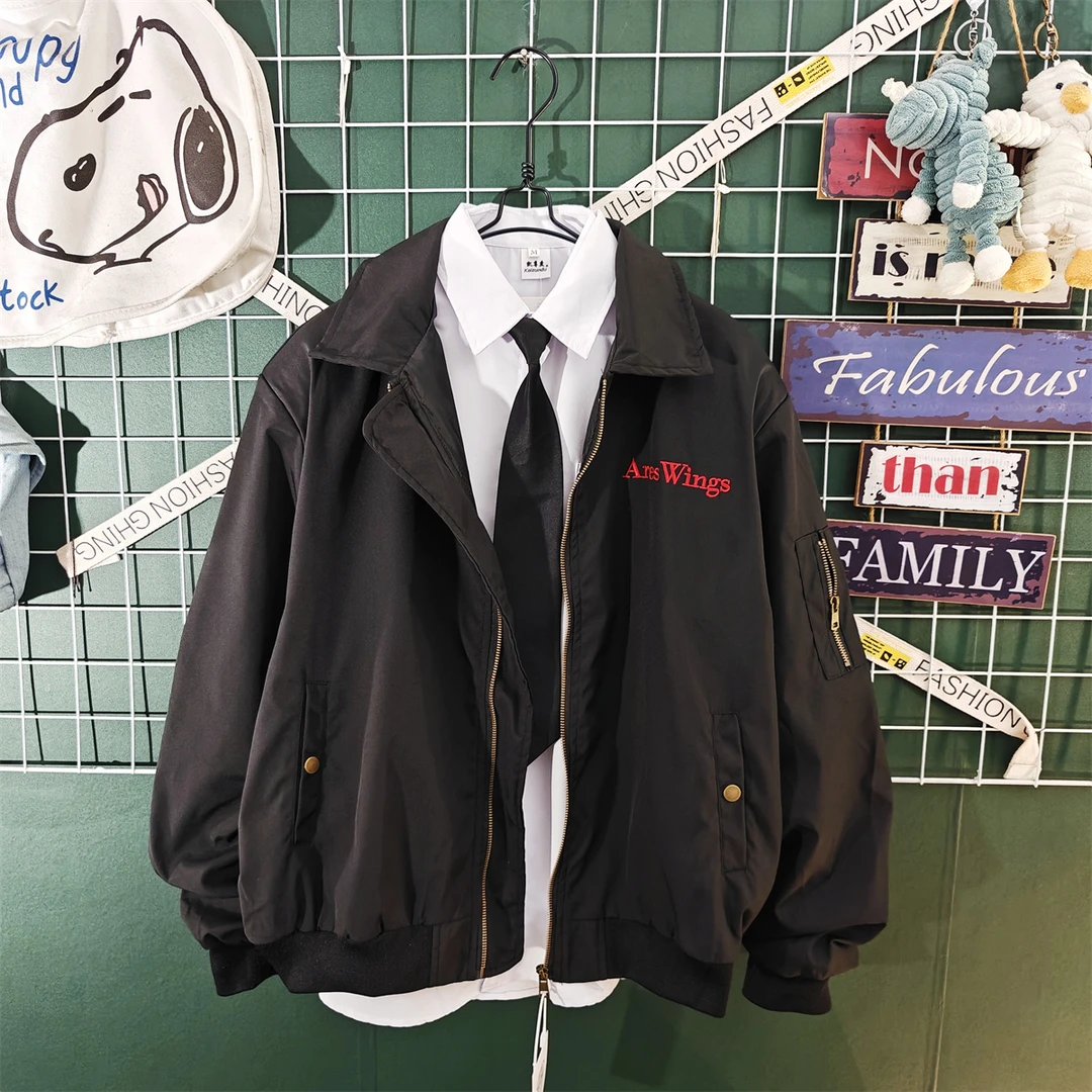 2025早秋新款美式复古刺绣翻领夹克男女宽松百搭飞行员外套男潮牌