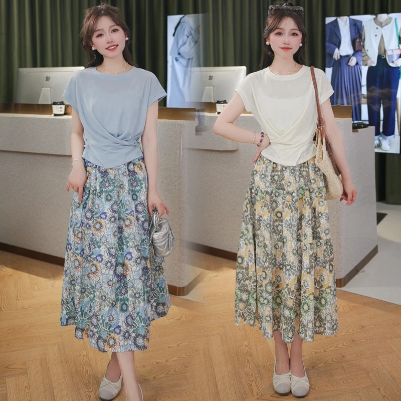 连衣裙套装女2025夏季新款洋气显瘦短袖T恤碎搭配花半身裙两件套
