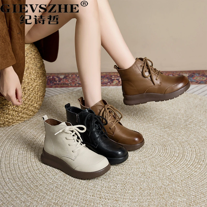 纪诗哲英伦风真皮马丁靴女2025秋季新款圆头系带拉链复古休闲鞋女