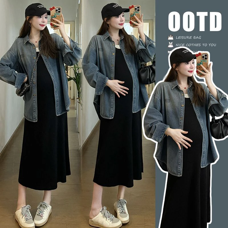 【枫丽】2025春秋季新款孕妇假两件显瘦连衣裙渐染牛仔衬衫