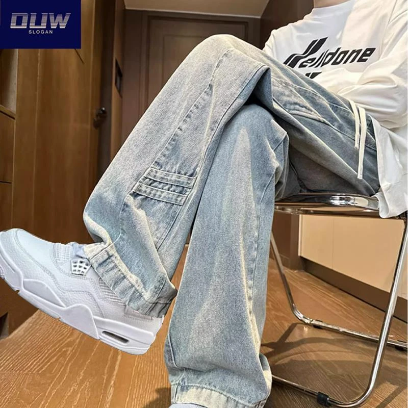 O.U.W牛仔裤男士夏季薄款2025美式复古直筒裤宽松高街阔腿工装裤