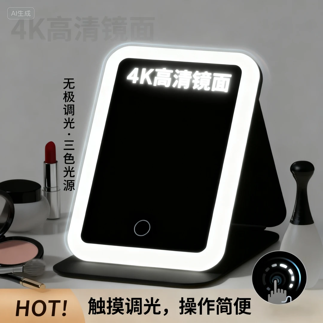 台式桌面化妆镜带补光灯女生折叠镜家用卧室便携充电式ins风折叠