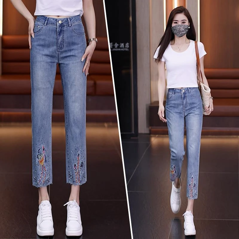 正品刺绣烫钻直筒八分裤女夏季薄款高腰显瘦气质休闲小个子烟管裤