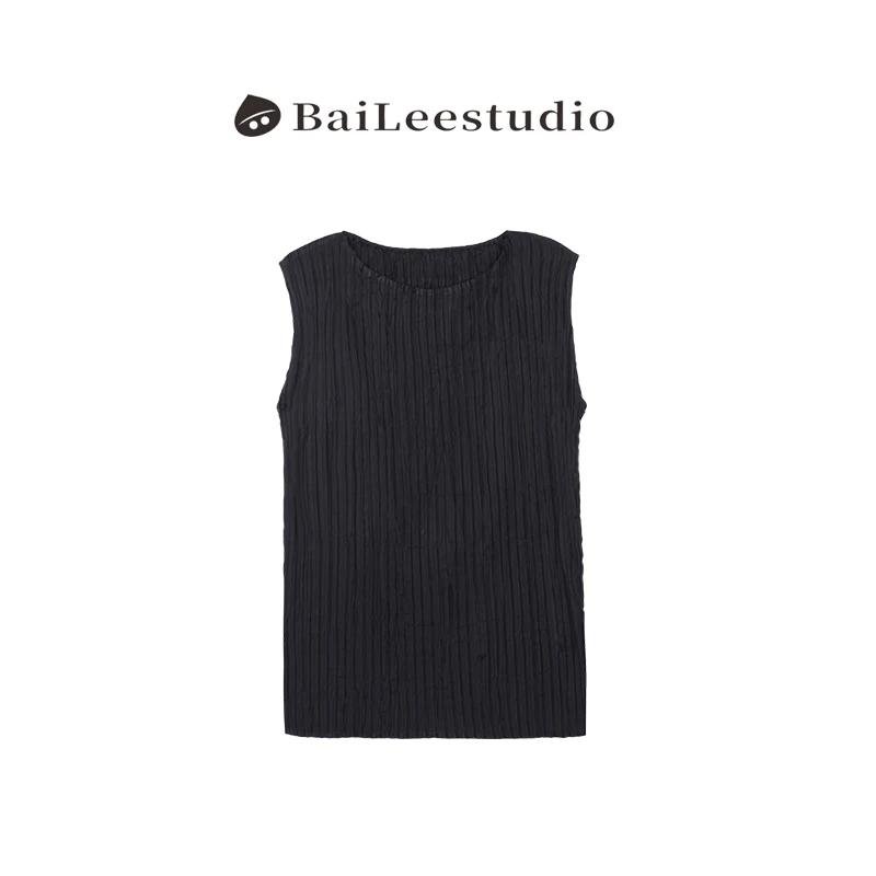 【柏栗良品】夏季新品~设计感褶皱无袖下摆高开衩背心上衣325011