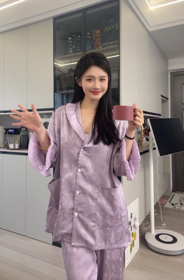 宽松长袖睡裙睡衣2件秋季春秋系带气质网红设计感粉色印染