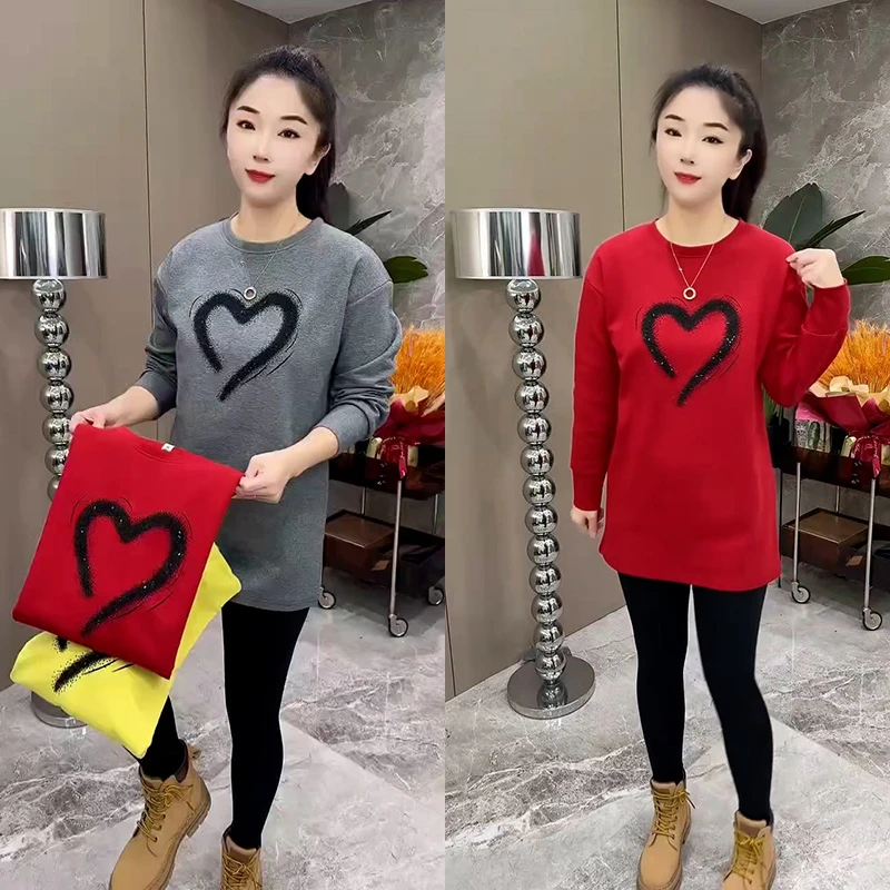 韩版印花爱心中长款卫衣女2025秋冬新款圆领宽松显瘦休闲长袖上衣