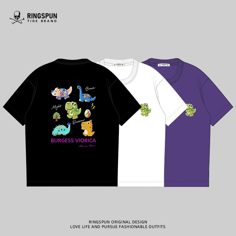 RINGSPUN【小恐龙】纯棉刺绣短袖t恤男女同款夏季潮牌圆领宽松半袖t