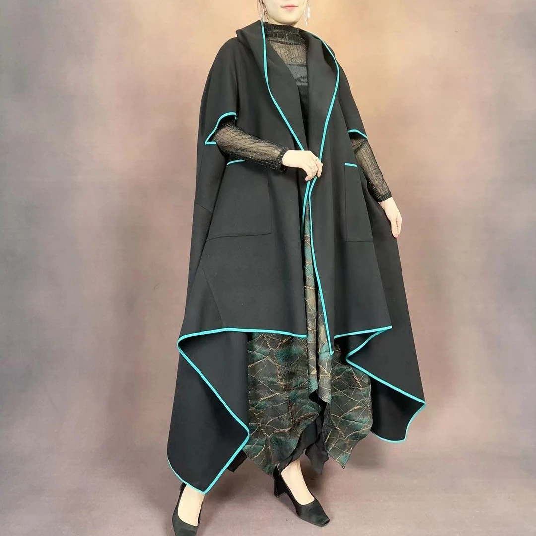 【大海轻奢】W23723新款黑色亮蓝包边设计师款时尚大衣