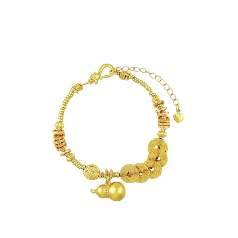 铜合金手链 金镶嵌设计师国风新中式五帝钱古法葫芦金色女士手链