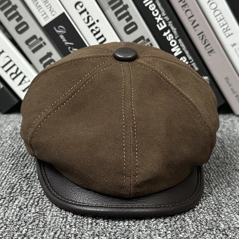 英伦复古羊皮八角帽男女春秋冬休闲真皮帽子中年时尚画家帽报童帽