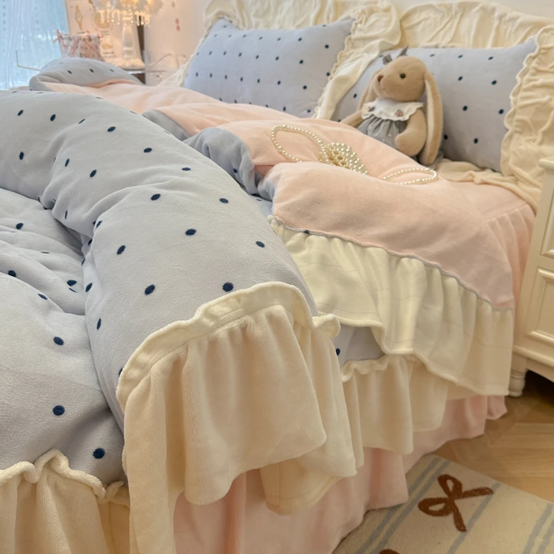 2025新款珊瑚绒韩版花边牛奶绒床裙四件套被套床单加厚法兰绒床品