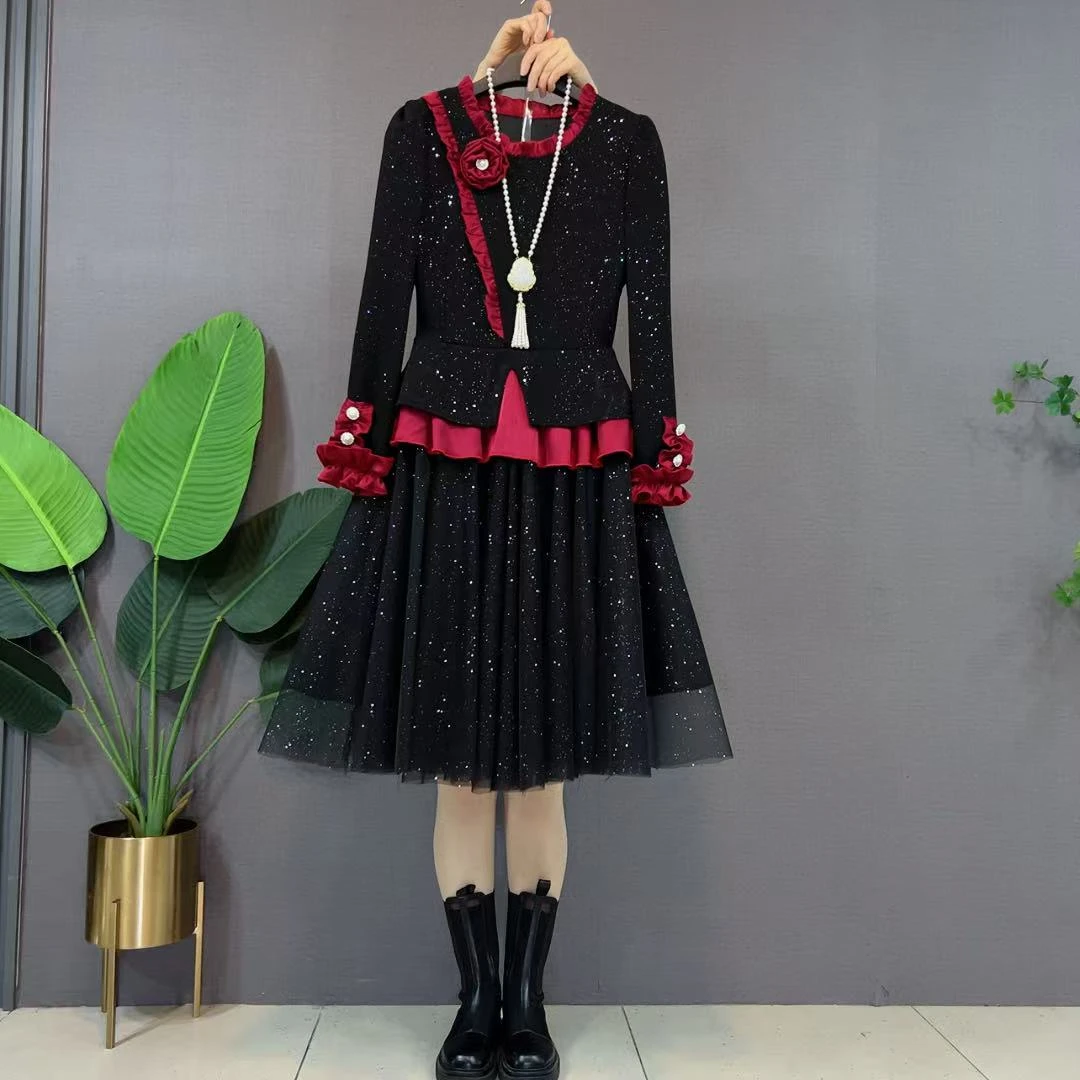 胖妹妹秋季新款时尚甜美连衣裙韩版洋气重工亮闪闪花朵假两件裙子