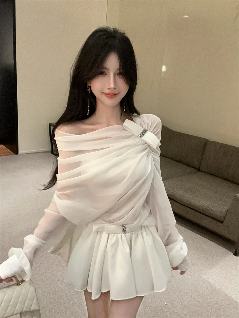 法式纯欲性感重工高级感斜肩抽皱半透雪纺衬衫+高腰半身裙套装女