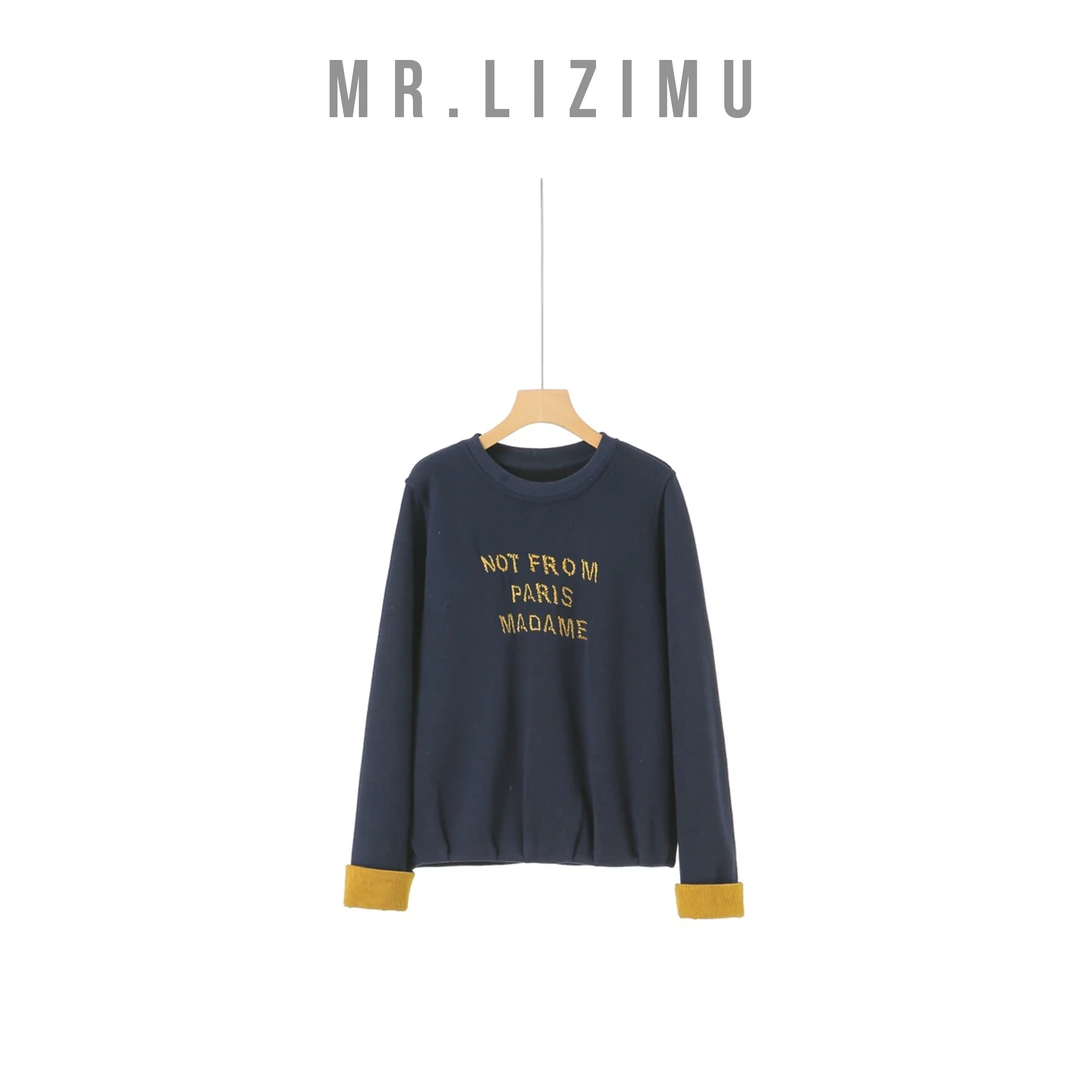 李子木先生韩系设计感撞色刺绣字母卫衣冬季加绒女款宽松慵懒上衣