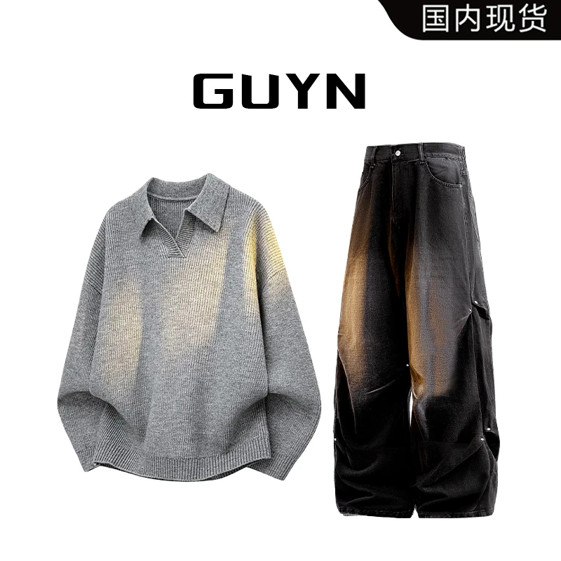 【品牌现货】GUYN复古纯色POLO领毛衣男女秋季休闲百搭针织衫上衣男