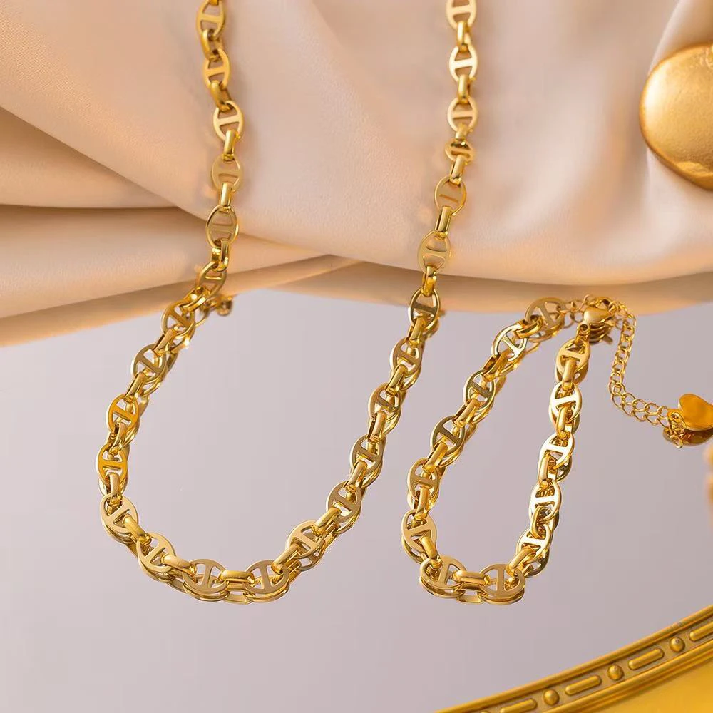 钛钢项链 【T959】钛钢时尚环环相扣金色猪鼻子项链百搭锁骨链ins