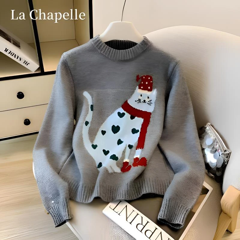 拉夏贝尔通猫提花圆领毛衣针织衫女新款秋冬季韩系慵懒上衣ins