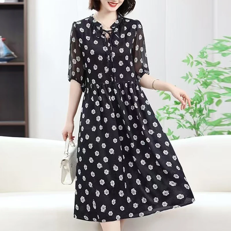 夏季新款女装时尚气质百搭印花连衣裙洋气妈妈装6453