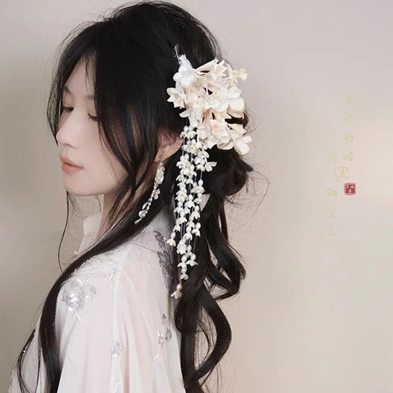 古风紫色铃兰花朵流苏侧边发夹女新中式发饰旗袍汉服和服头饰配饰