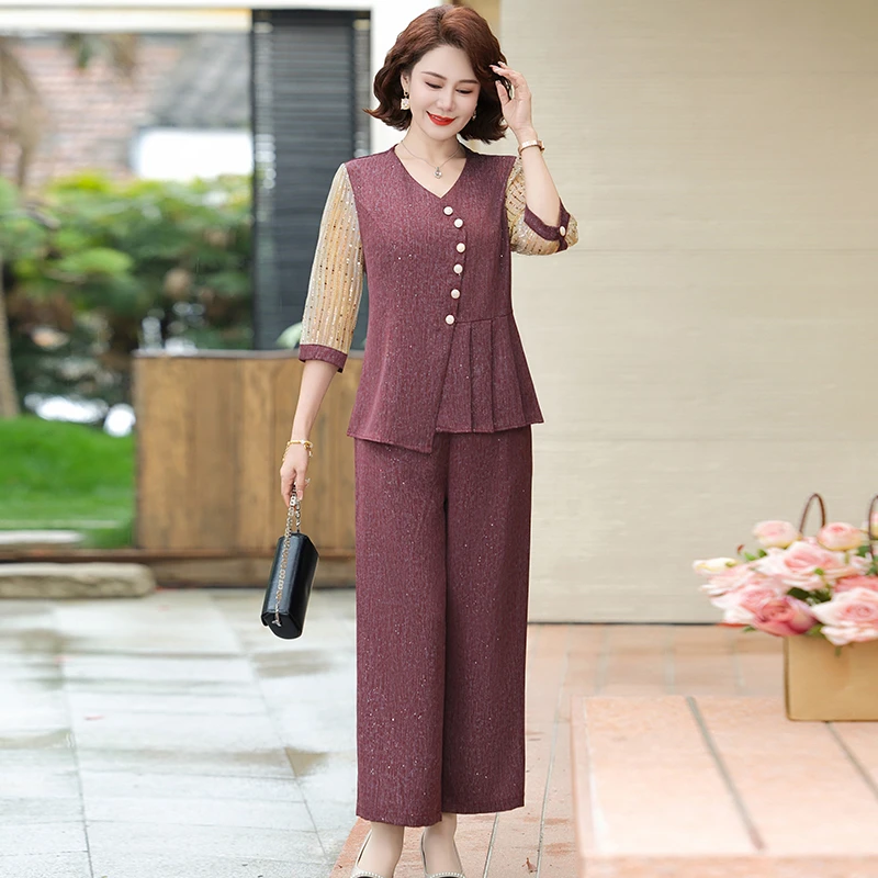 中年妈妈夏装套装阔太太气质上衣2025新款中老年春夏中袖雪纺衫女