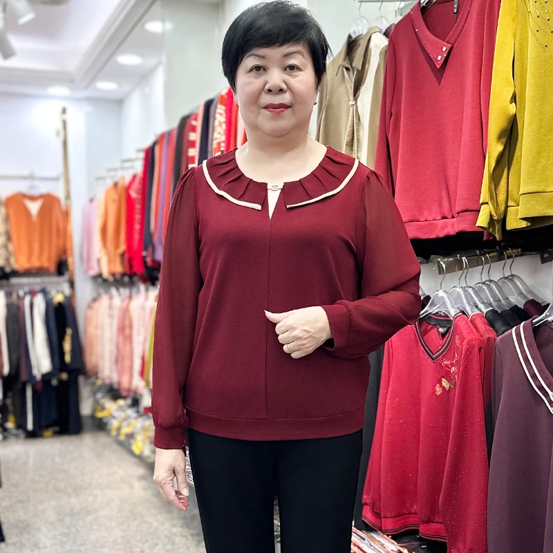 妈妈装春装时尚上衣中老年女装春秋长袖上衣圆领T恤中年薄款小衫